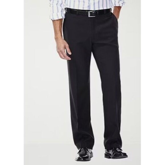 NWT Haggar E-CLO Men's Classic Fit Dress Flat Front Pant Exp Waist Black 34Wx32L - Picture 1 of 4